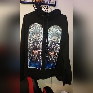 Black Graphic Hoodie with Blue and White Design brand is who decides war